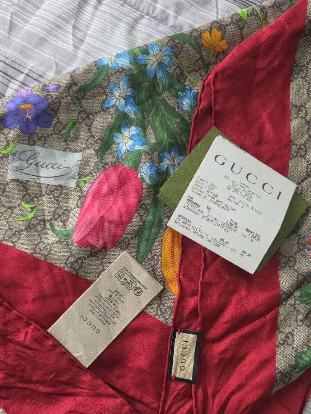 Gucci Brown Monogram Floral Silk Scarf with Red Accent